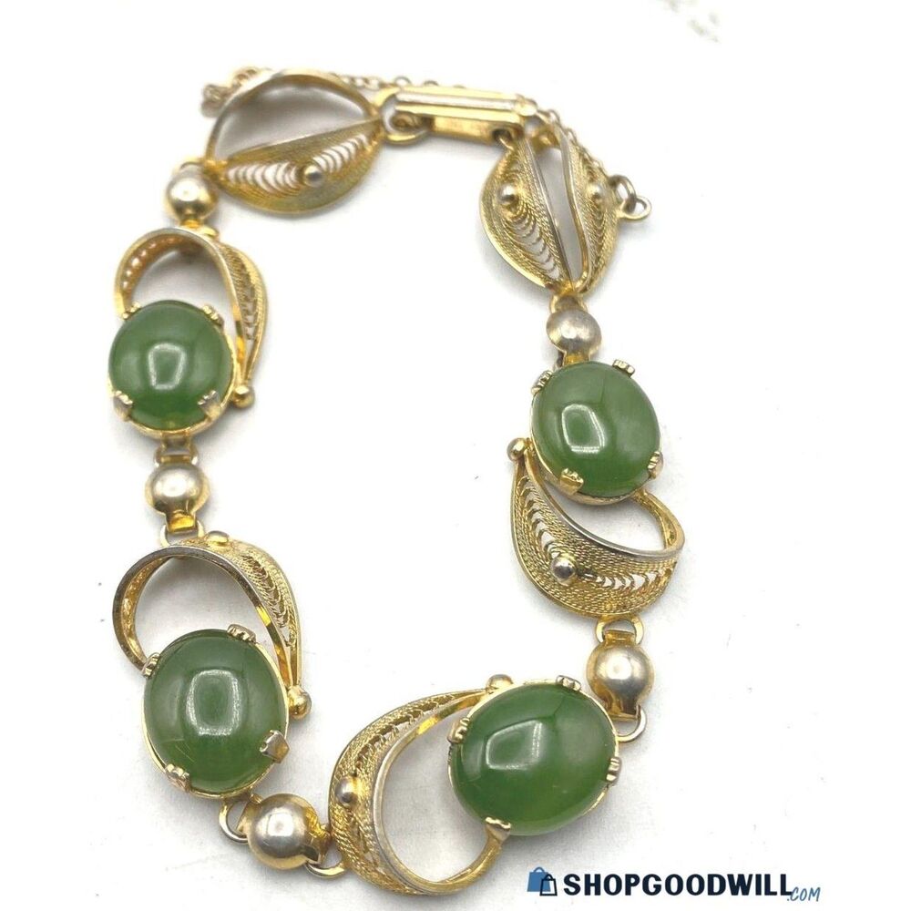 1940s Sicilian Filigree Gold Filled Green Jade Oval Cabochon Cannetille
